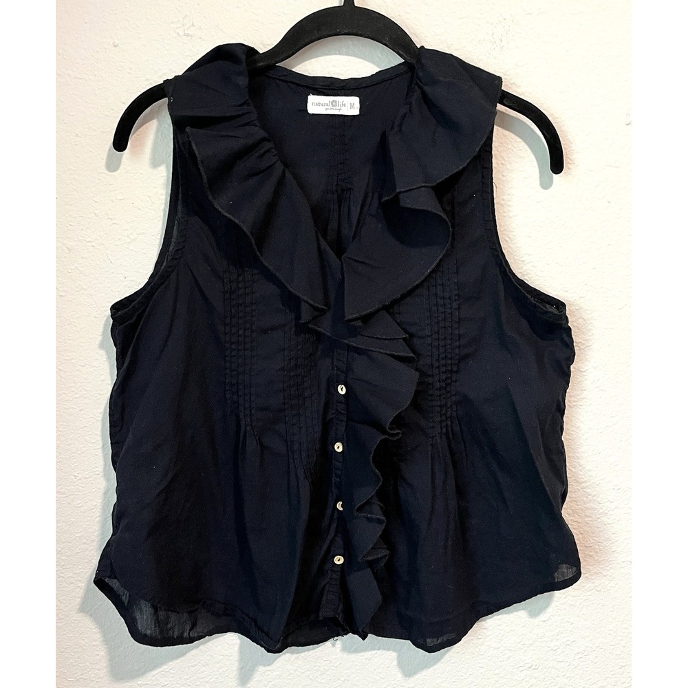 Natural Life Women's Top Blouse Medium Sleeveless Black Ruffle Cotton Boho